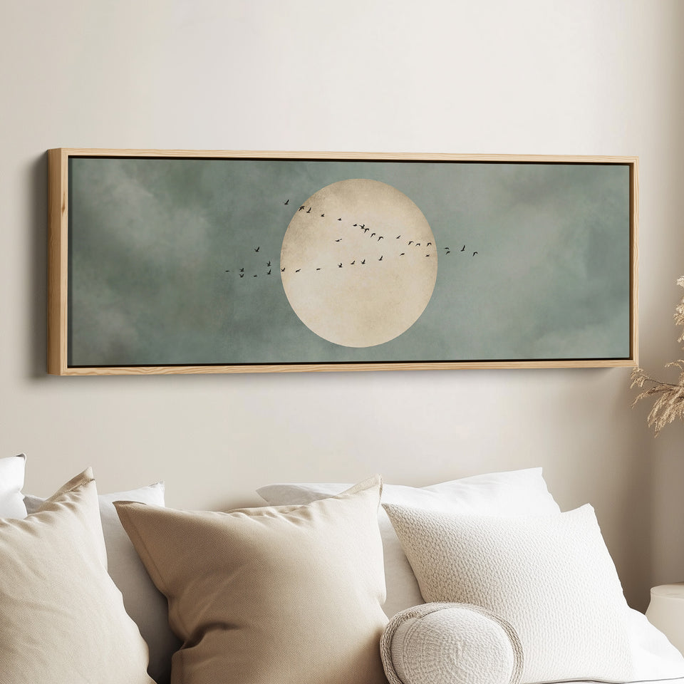 Horizontal Wall Art Birds Across Large Sun Long Canvas For Hallway