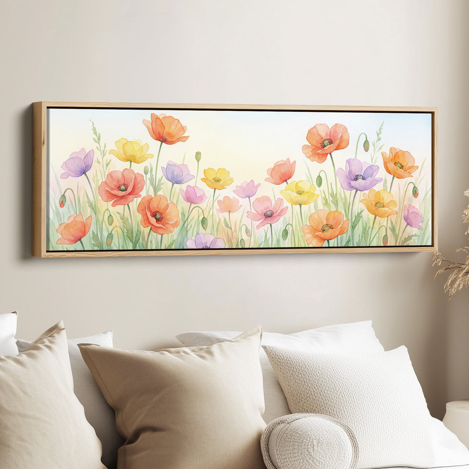 Long Narrow Canvas Soft Pastel Poppies Long Canvas For Bedroom