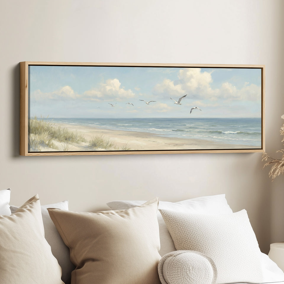 Above Bed Wall Art Coastal Dunes And Seagulls Extra Wide Canvas Living Room