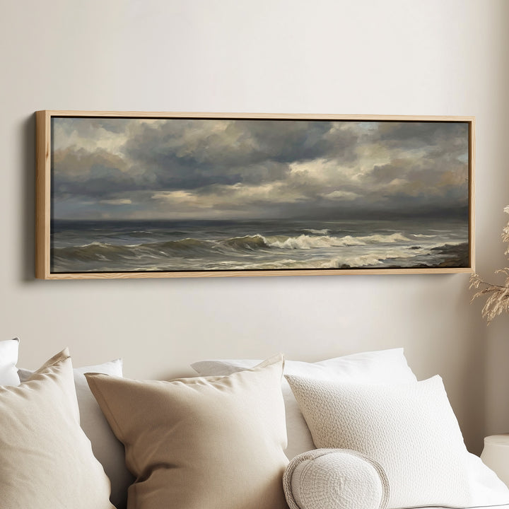 Long Wall Art Rolling Waves And Dark Sky Panoramic Canvas Print Living Room
