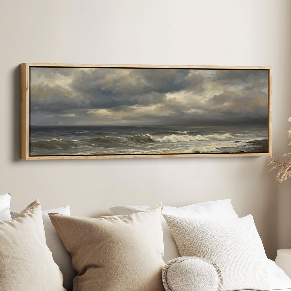 Long Wall Art Rolling Waves And Dark Sky Panoramic Canvas Print Living Room