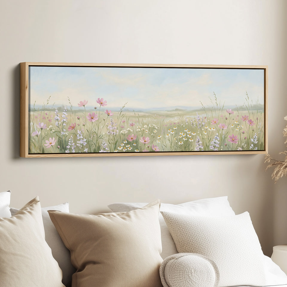 Wildflower Meadow With Pink Flowers Above Soft Wall Art Statement Wall Decor Office
