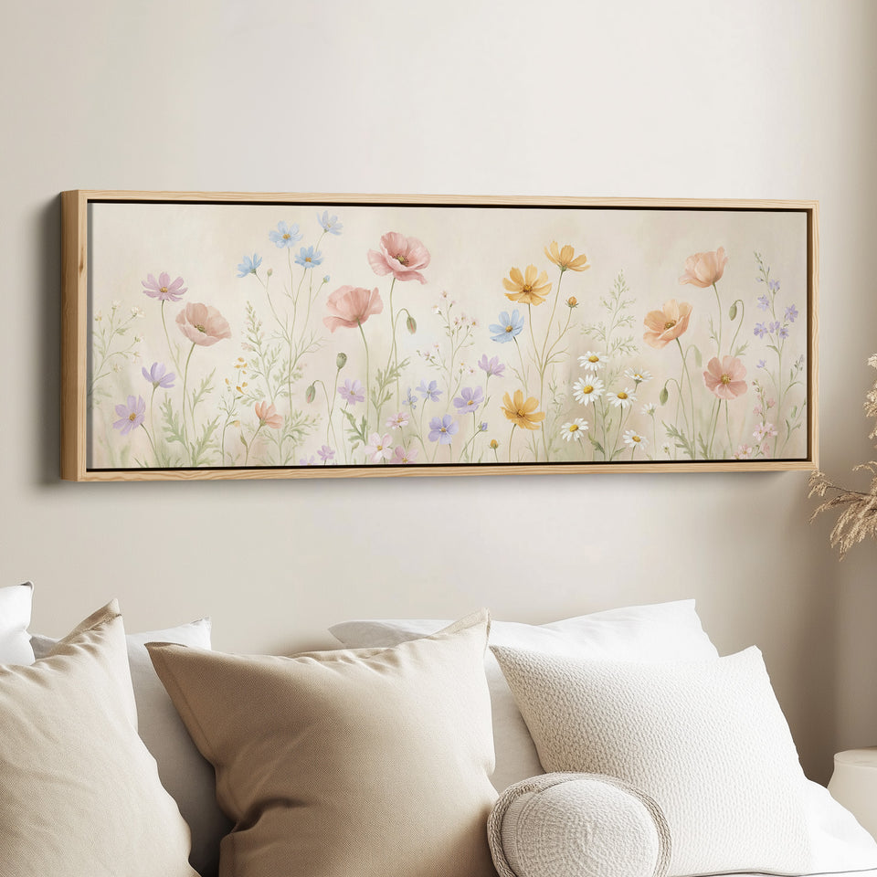 Pastel Wildflowers On Beige Background Large Wall Art Panoramic Canvas Print Bedroom