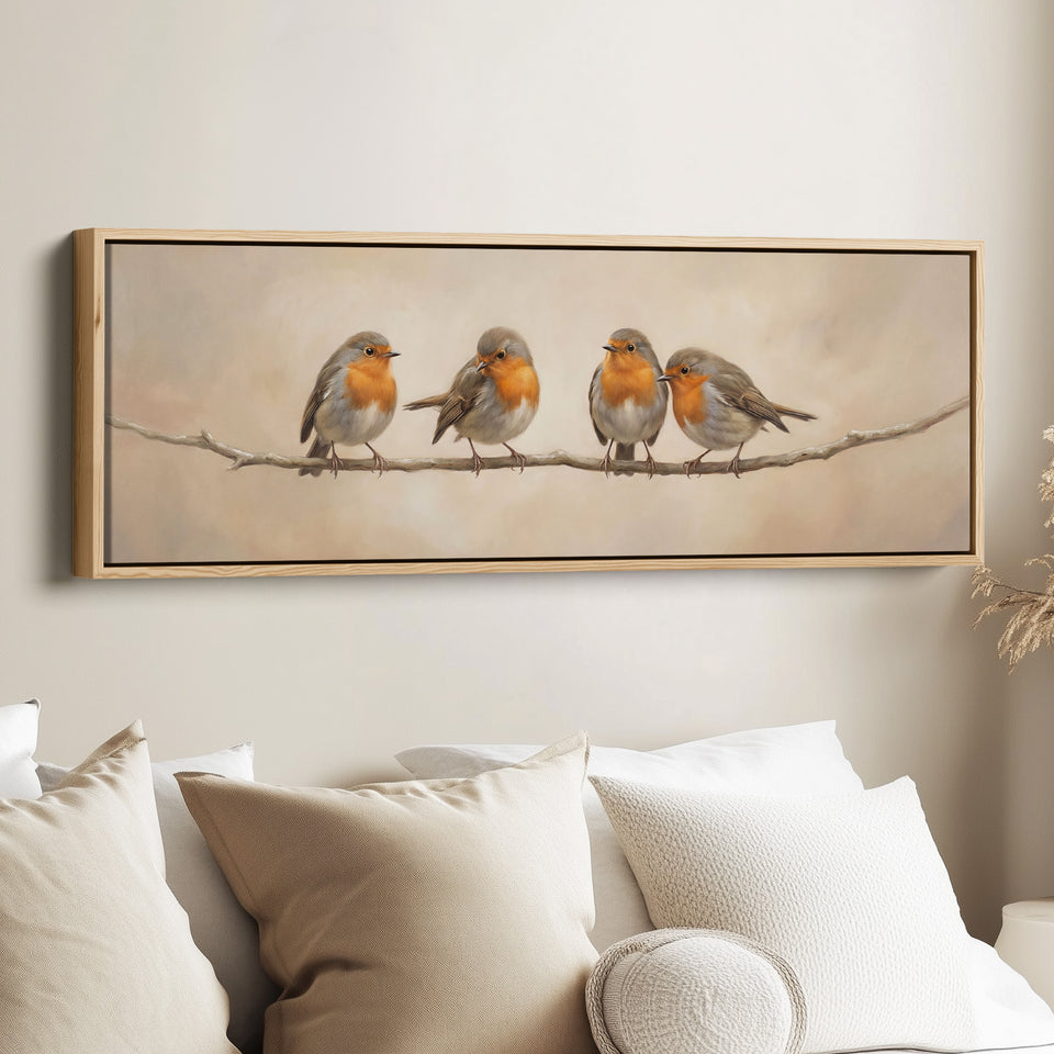Four Robins On Branch Long Wall Art Panoramic Canvas Print Living Room