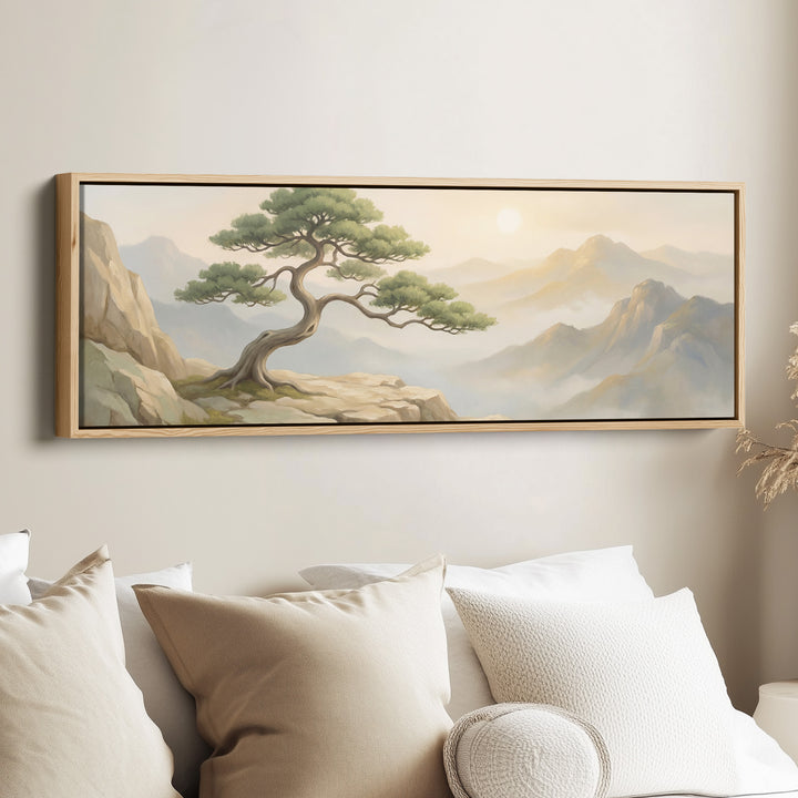 Bonsai Tree On Mountain Cliff Wide Framed Canvas Living Room