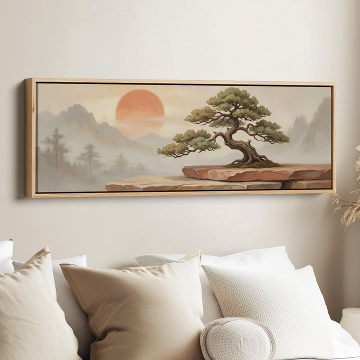 bedroom bonsai tree Long Wall Art Bonsai Tree With Red Sun Panoramic Canvas Bedroom