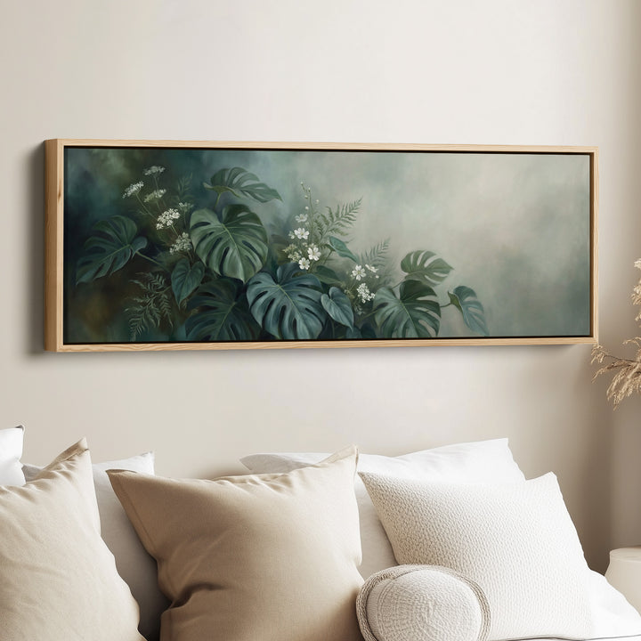 Above Bed Wall Art Tropical Leaves And White Blossoms Panoramic Canvas Print Living Room