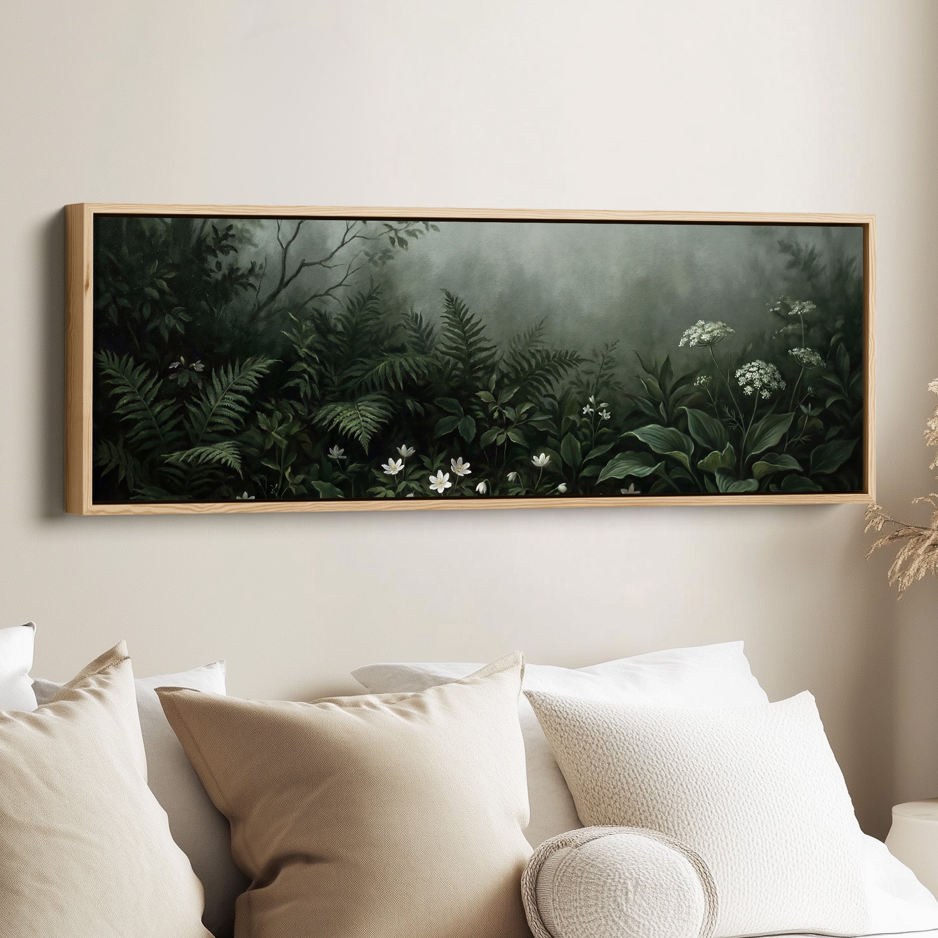 Ferns And White Wildflowers Above Soft Wall Art Extra Wide Canvas Offi ...