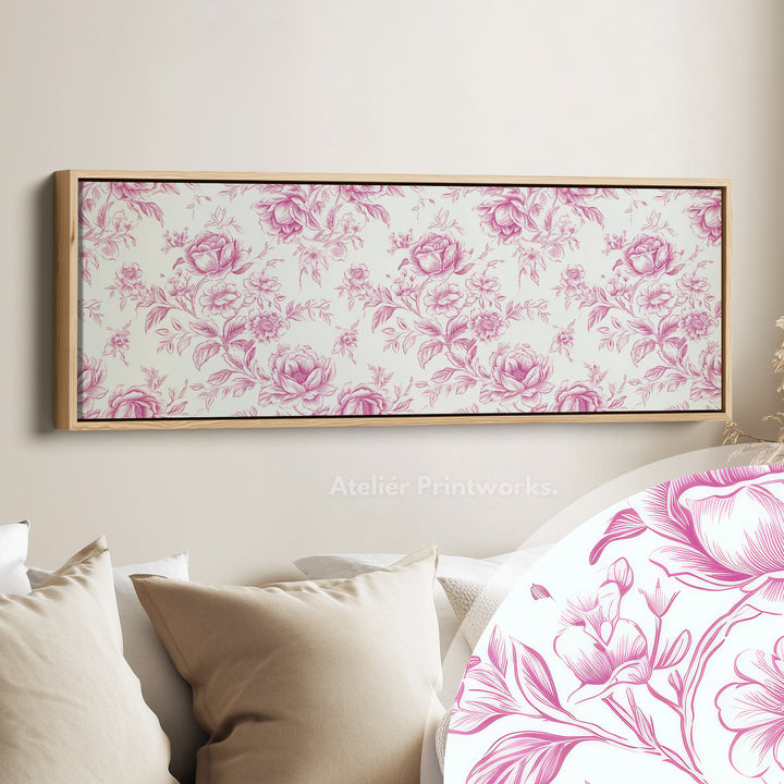 Above Bed Wall Decor Vintage Pink Floral canvas print in an oak frame, above the bed in a modern bedroom