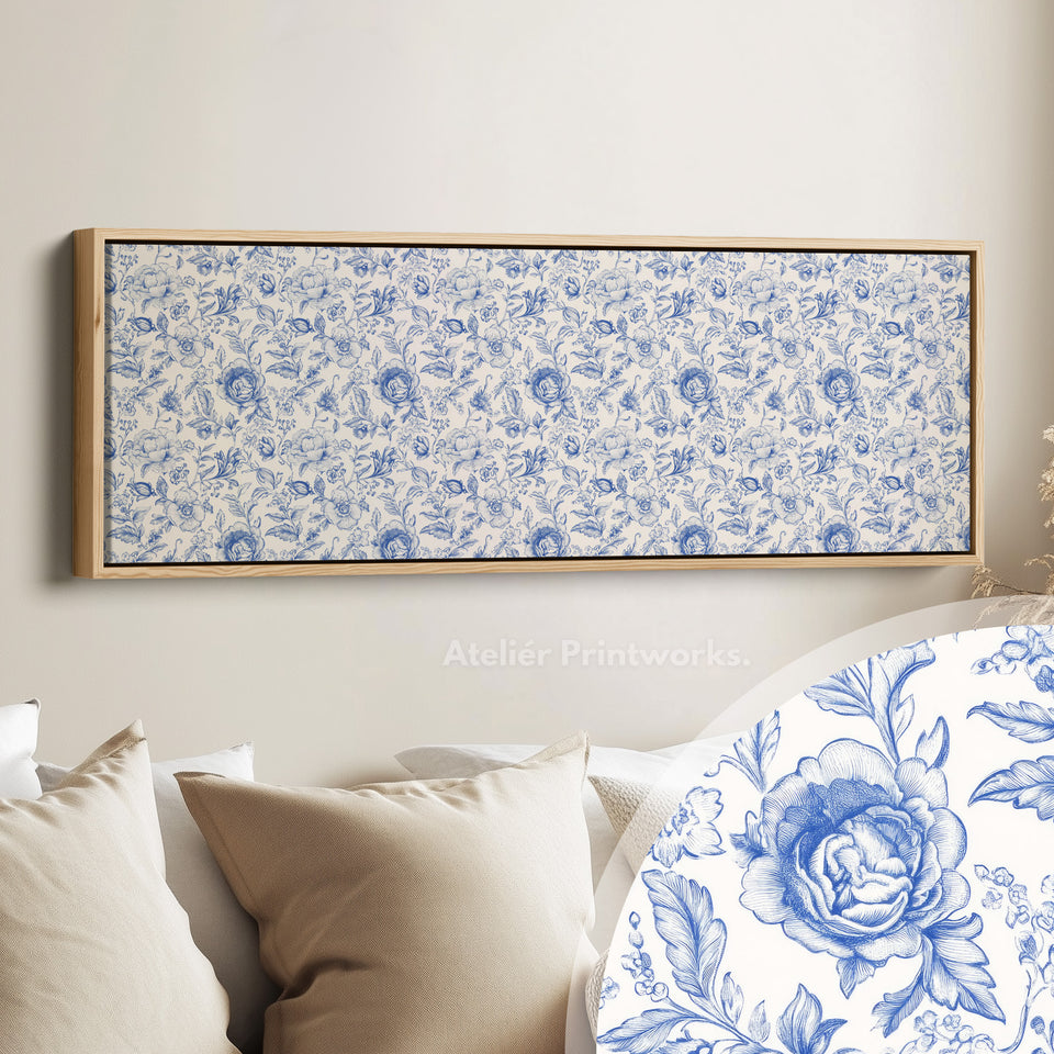 Blaues Blumen-Panoramabild über dem Bett Wandkunst