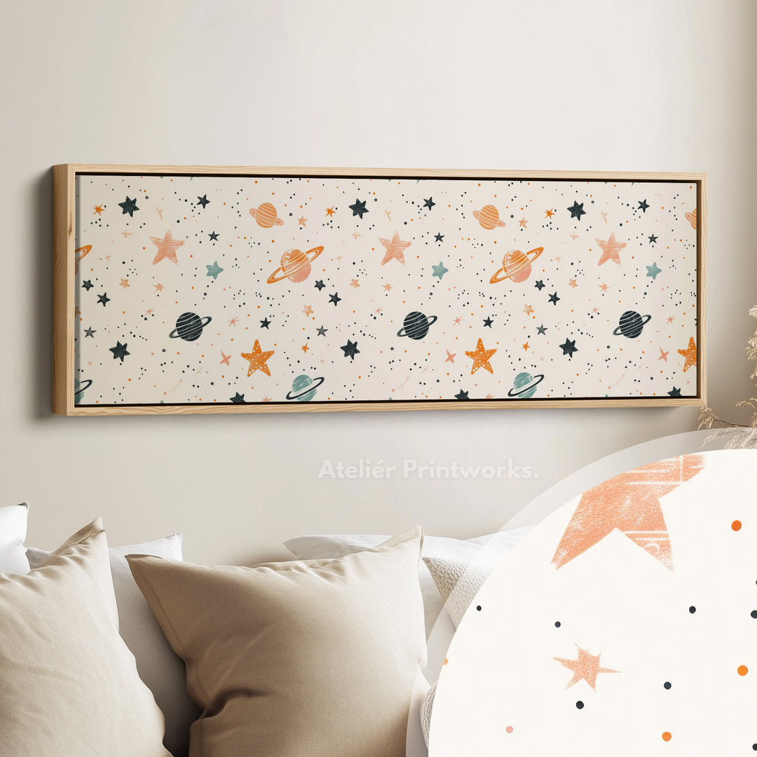 Lange smalle kinderkamerdecoratie buitenaardse planeten