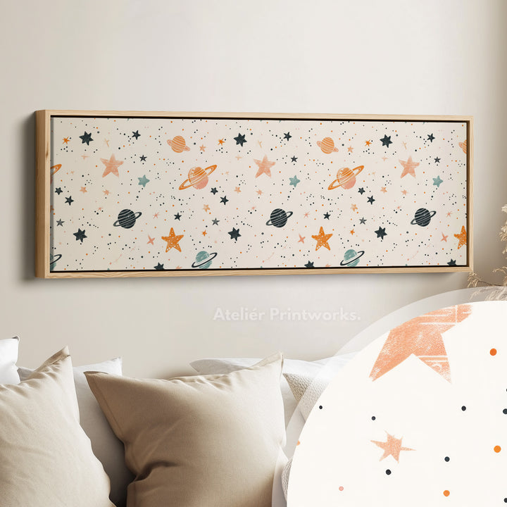 Lange smalle kinderkamerdecoratie buitenaardse planeten