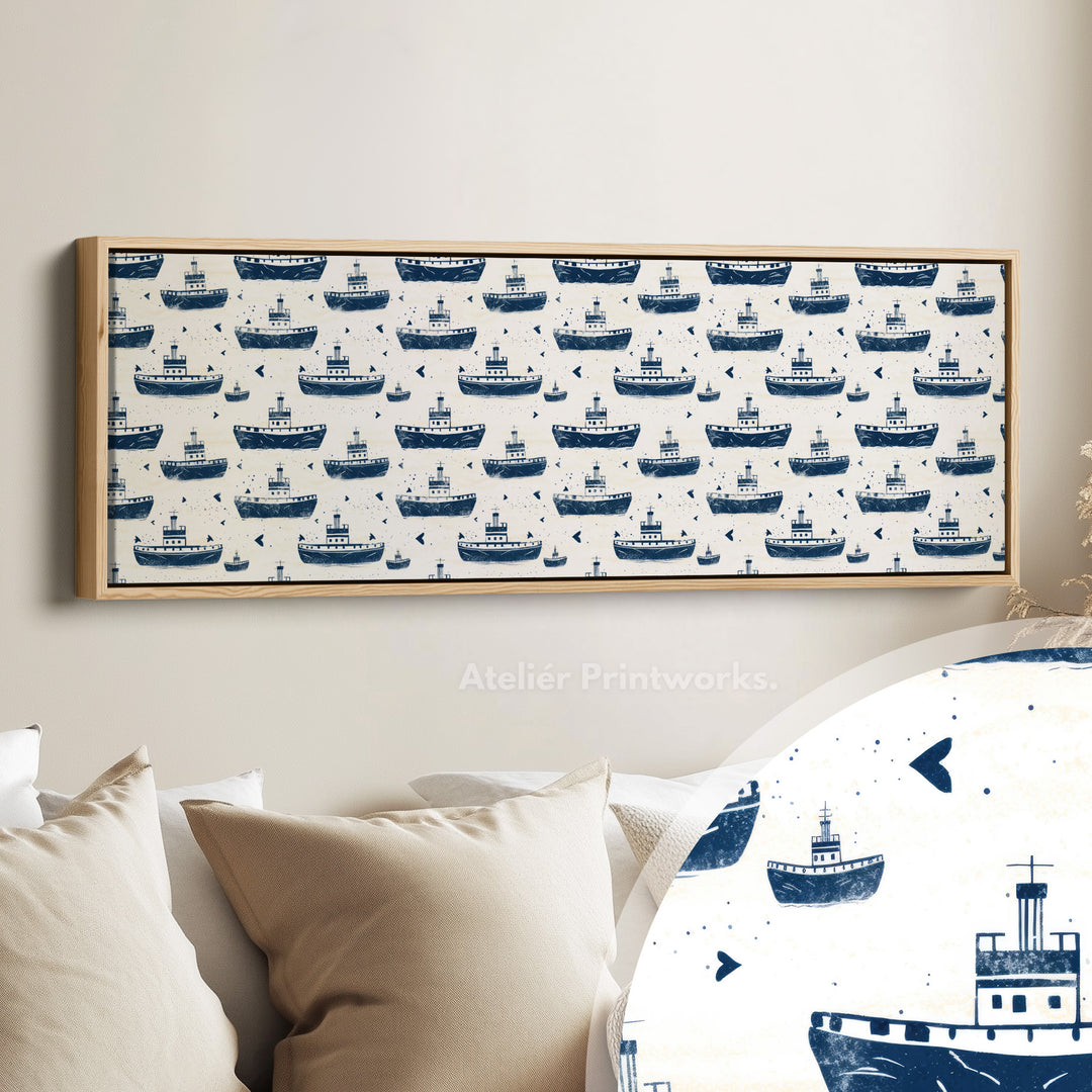 Kleine boten kinderkamer lange smalle panoramische wanddecoratie