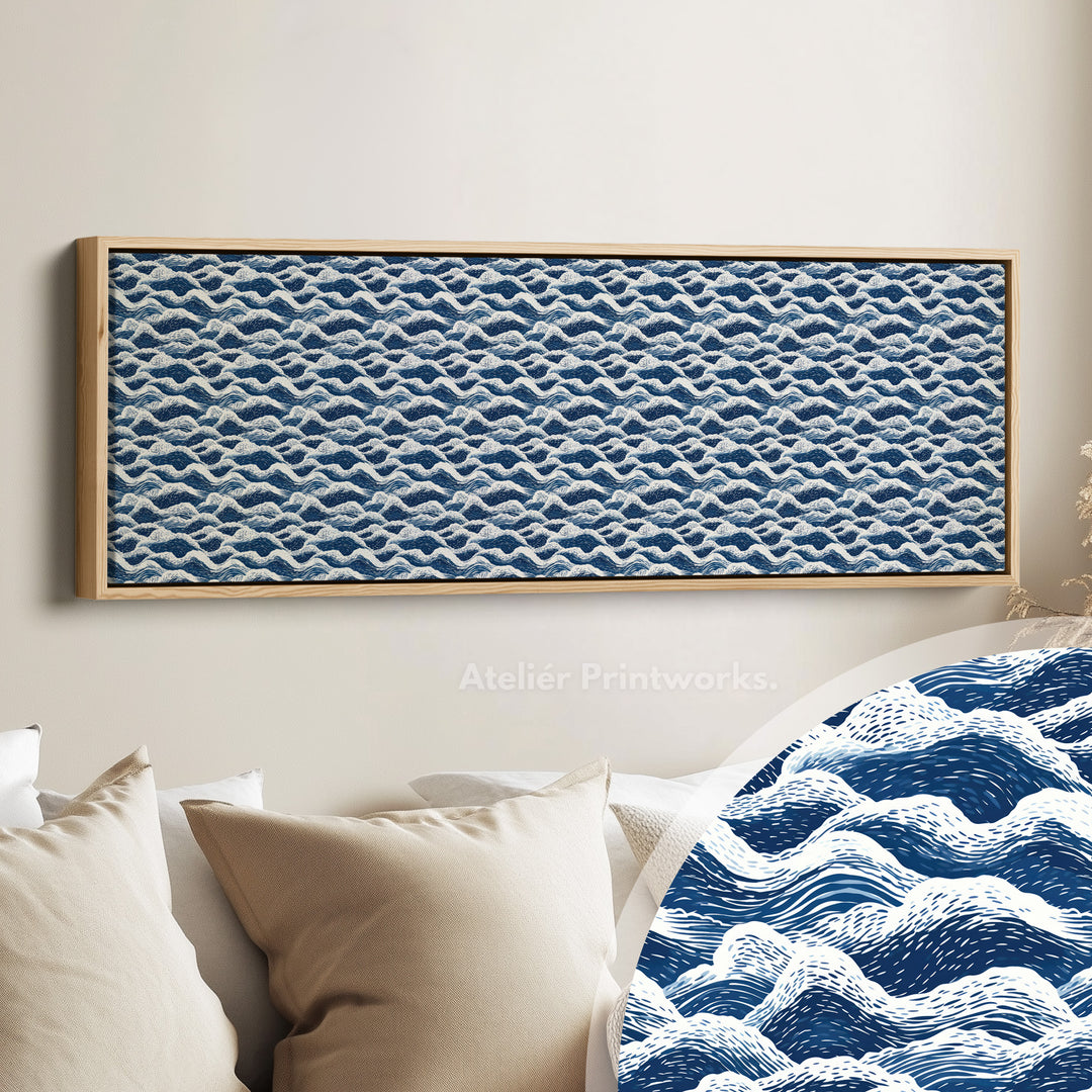 Horizontale wanddecoratie lange blauwe Japandi stijl golf