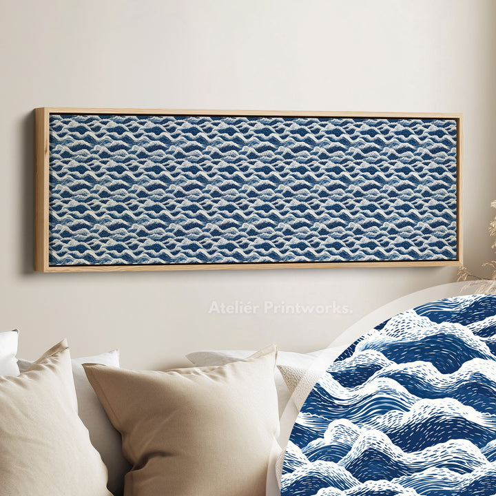 Horizontale wanddecoratie lange blauwe Japandi stijl golf
