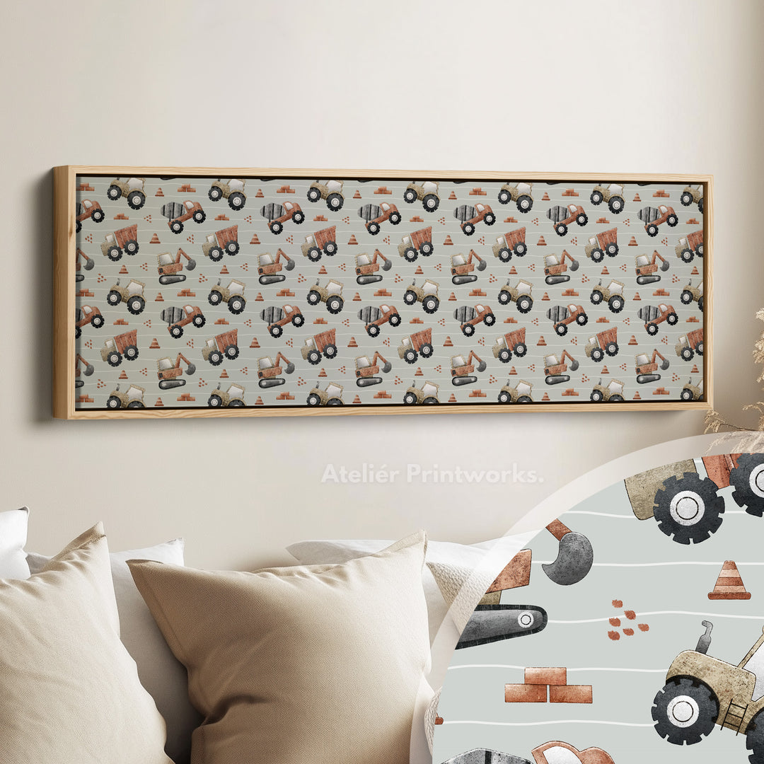 Panoramische lange kinderkamerdecoratie bouwtrucks