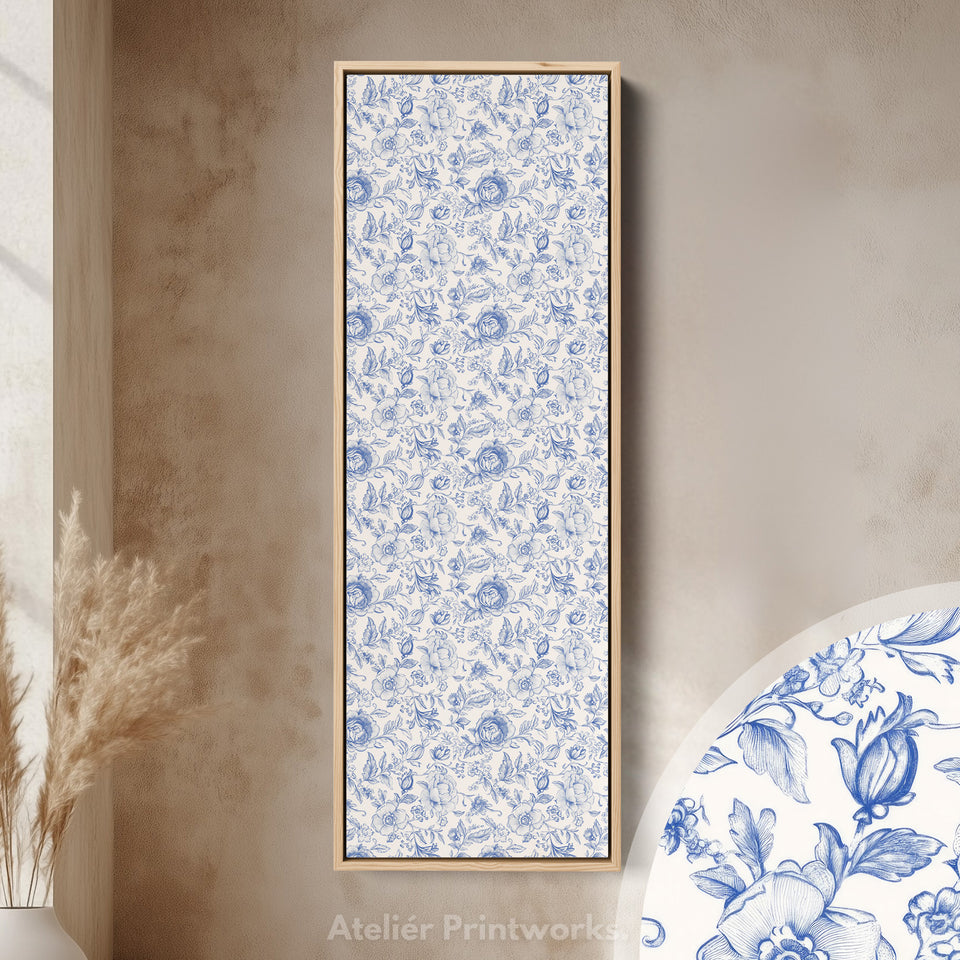 Vertical Floral Long Wall Art Blue & White Peonies
