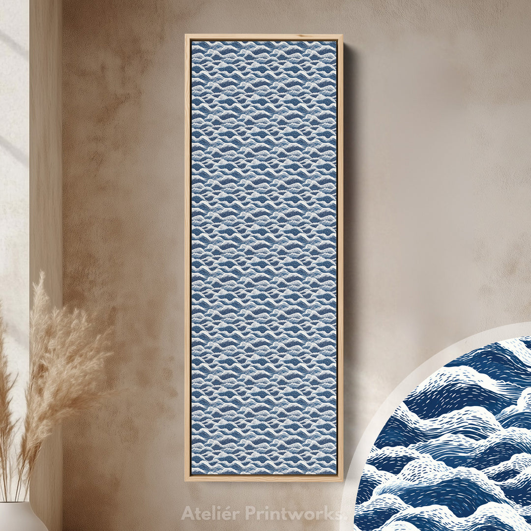 Japandi Blue Wave Vertical Tall Framed Wall Decor
