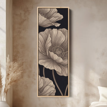 Vertical Wall Art Line Drawn Poppies on Black for Living Room canvas in an oak frame, above the bed in a modern bedroom