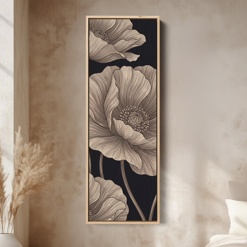 Vertical Wall Art Line Drawn Poppies on Black for Living Room canvas in an oak frame, above the bed in a modern bedroom