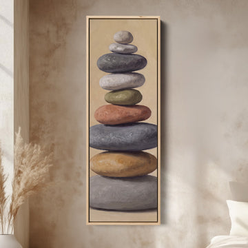 Stacked Stones Tall Wall Art for Bedroom Calm Neutral Canvas canvas in an oak frame, above the bed in a modern bedroom