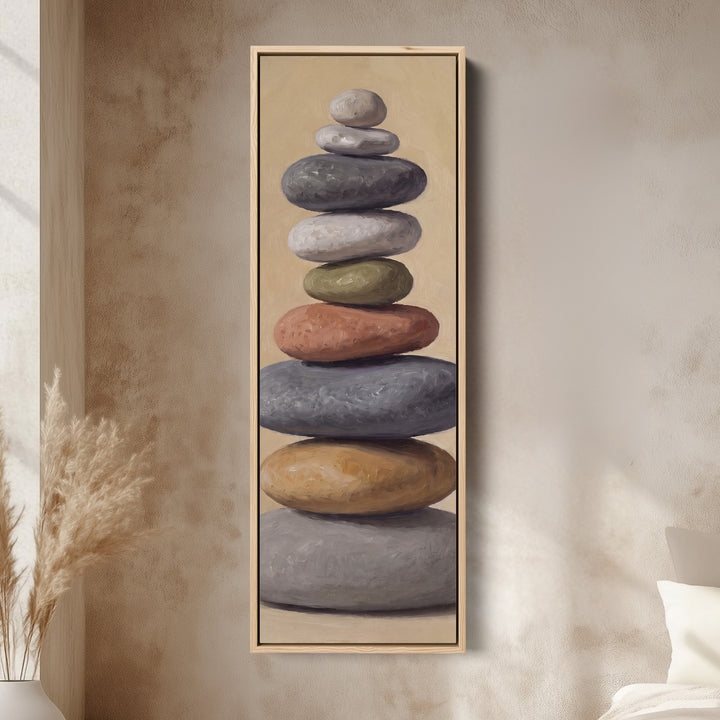 Stacked Stones Tall Wall Art for Bedroom Calm Neutral Canvas canvas in an oak frame, above the bed in a modern bedroom