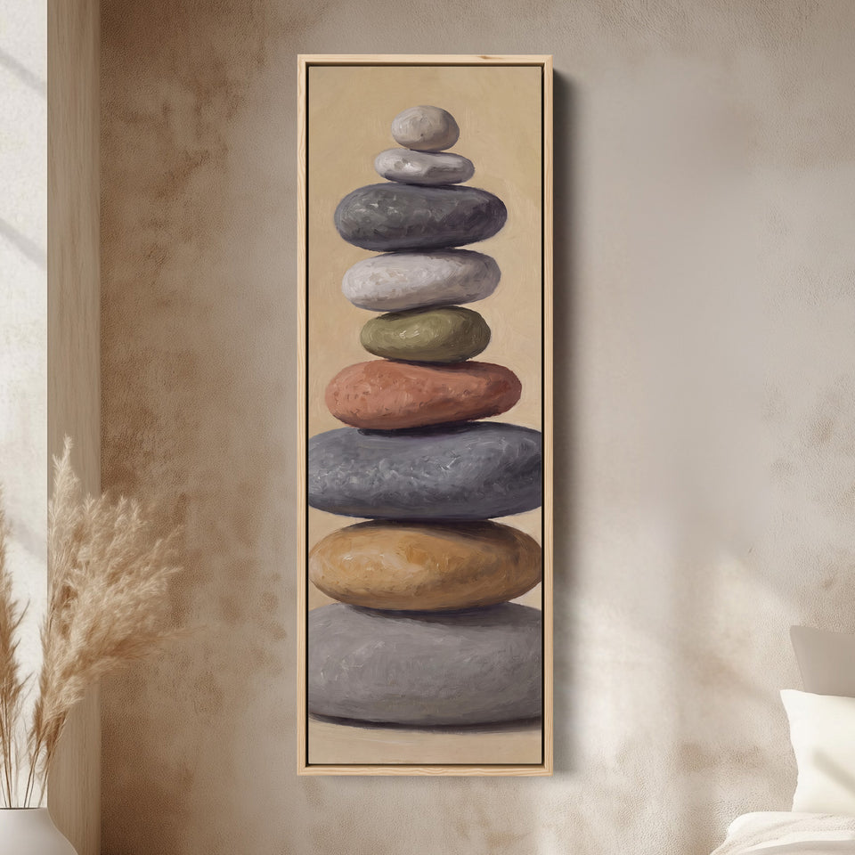 Stacked Stones Tall Wall Art for Bedroom Calm Neutral Canvas canvas in an oak frame, above the bed in a modern bedroom