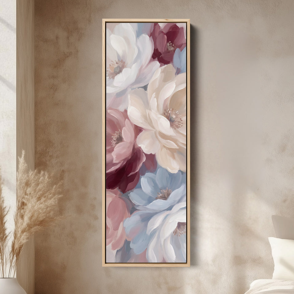 Soft Romantic Peonies Tall Narrow Wall Art for Bedroom canvas in an oak frame, above the bed in a modern bedroom