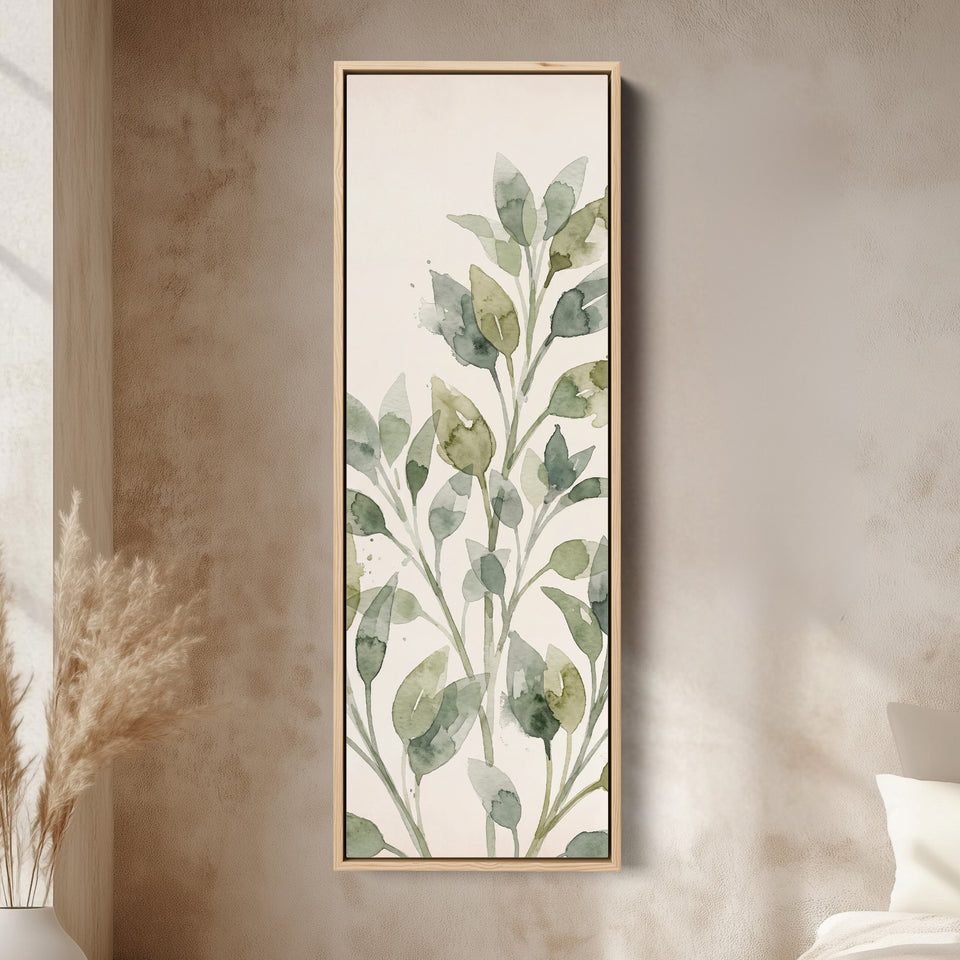 Hallway Wall Art Long Narrow Watercolor Leaf Stems canvas in an oak frame, above the bed in a modern bedroom