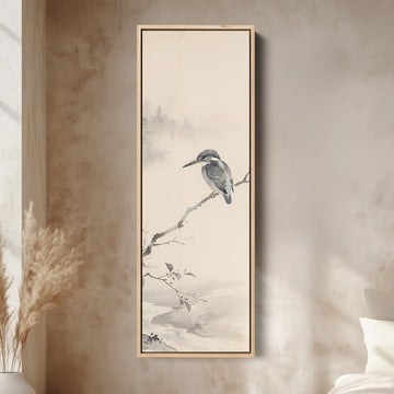 Tall Wall Art Kingfisher on a Branch Japanese Ink Style for Office canvas in an oak frame, above the bed in a modern bedroom