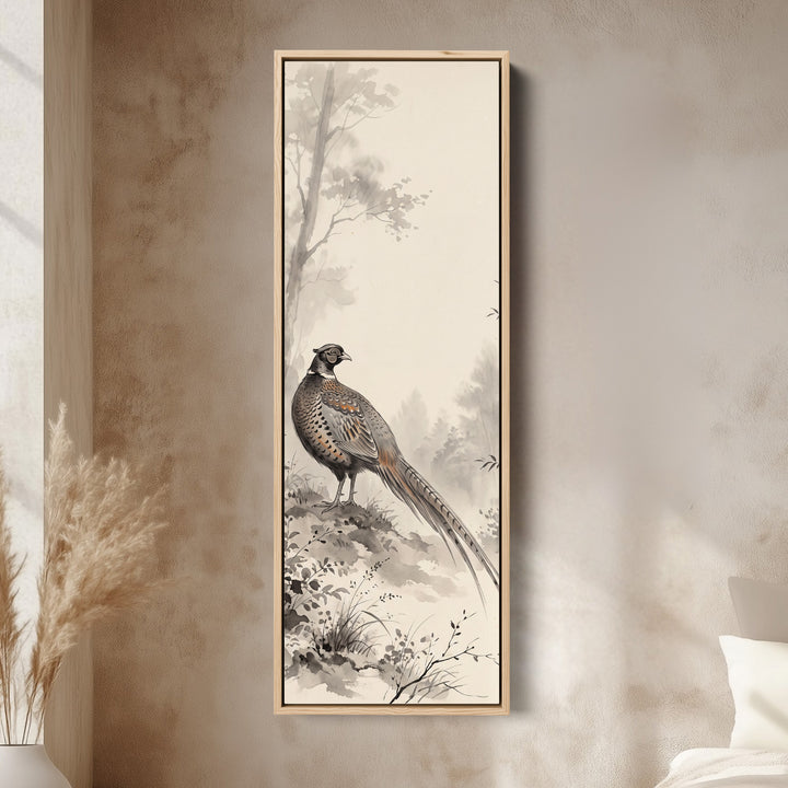 Pheasant in the Mist Vertical Wall Art Japanese Ink Style for Hallway canvas in an oak frame, above the bed in a modern bedroom