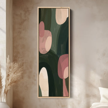 Living Room Wall Art Vertical Pink and Green Abstract Shapes canvas in an oak frame, above the bed in a modern bedroom