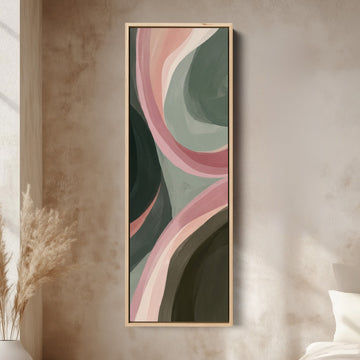 Tall Narrow Wall Art Flowing Pink and Sage Abstract Curves for Bedroom canvas in an oak frame, above the bed in a modern bedroom