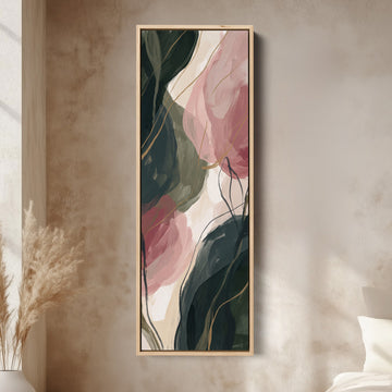 Blush Botanical Abstract Vertical Wall Art for Living Room canvas in an oak frame, above the bed in a modern bedroom