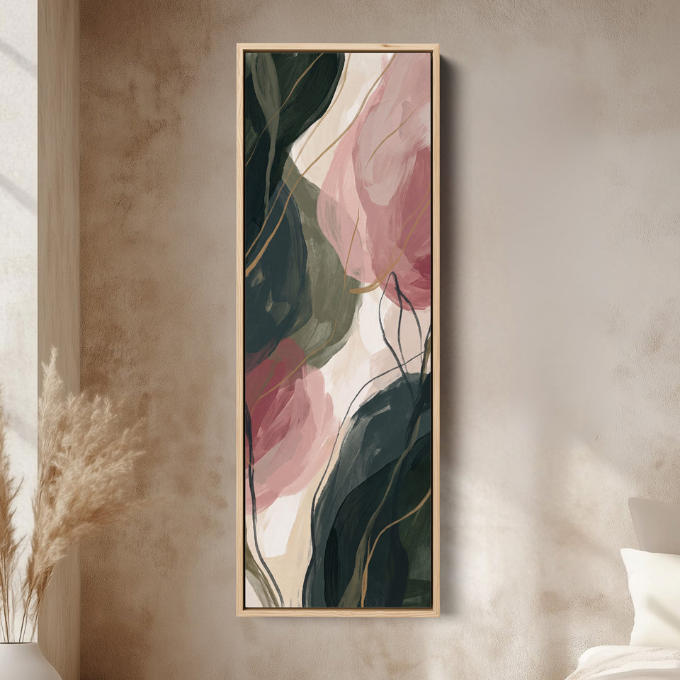 Blush Botanical Abstract Vertical Wall Art for Living Room canvas in an oak frame, above the bed in a modern bedroom