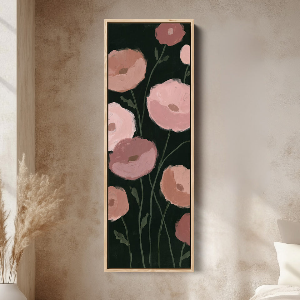 Moody Pink Poppies on Black Tall Wall Art for Dining Room canvas in an oak frame, above the bed in a modern bedroom