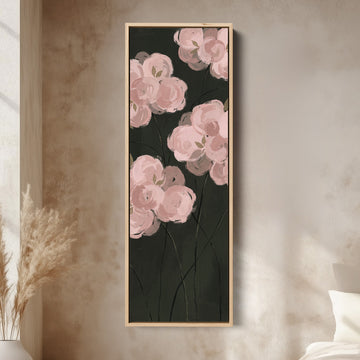 Bedroom Wall Art Tall Narrow Pink Roses on a Dark Background canvas in an oak frame, above the bed in a modern bedroom