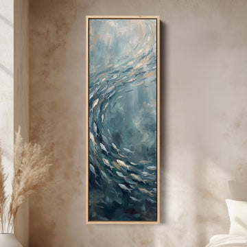 Vertical Wall Art Swirling Shoal of Fish Underwater for Hallway canvas in an oak frame, above the bed in a modern bedroom