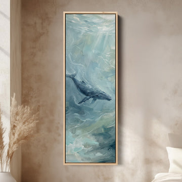 Office Wall Art Vertical Whale Swimming in Blue Green Water canvas in an oak frame, above the bed in a modern bedroom