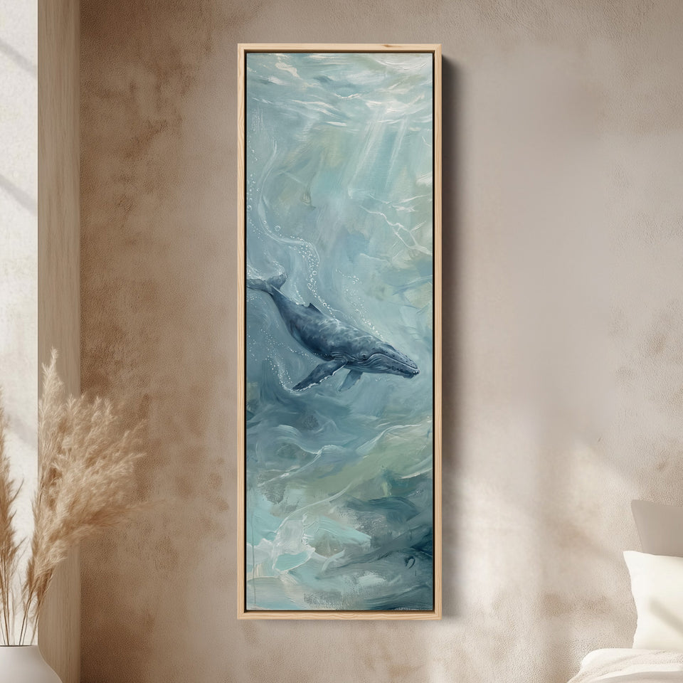 Office Wall Art Vertical Whale Swimming in Blue Green Water canvas in an oak frame, above the bed in a modern bedroom