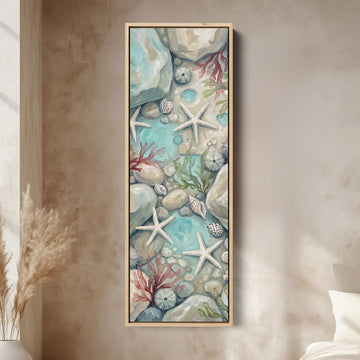 Tall Narrow Wall Art Rock Pool with Starfish and Shells for Hallway canvas in an oak frame, above the bed in a modern bedroom