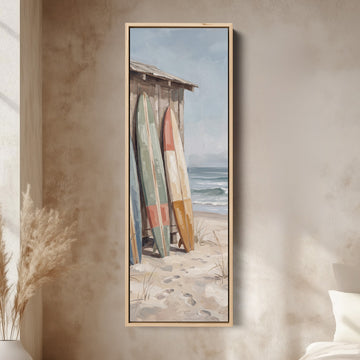 Surfboards by the Beach Shack Vertical Wall Art for Hallway canvas in an oak frame, above the bed in a modern bedroom
