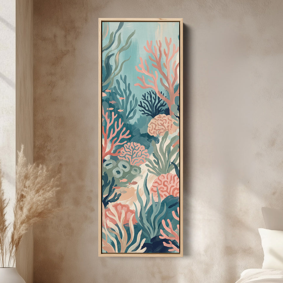 Colourful Underwater Coral Reef Tall Wall Art for Kids Room canvas in an oak frame, above the bed in a modern bedroom