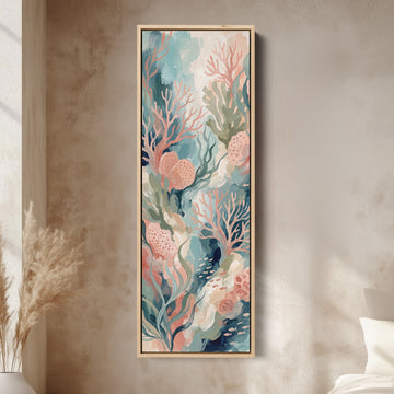 Bedroom Wall Art Tall Narrow Pastel Coral Reef Canvas canvas in an oak frame, above the bed in a modern bedroom
