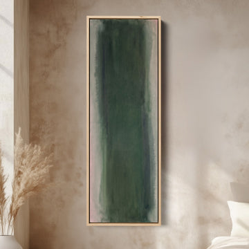Vertical Wall Art Deep Green Colour Field Abstract for Office canvas in an oak frame, above the bed in a modern bedroom