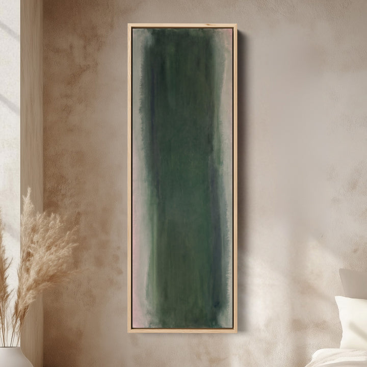 Vertical Wall Art Deep Green Colour Field Abstract for Office canvas in an oak frame, above the bed in a modern bedroom