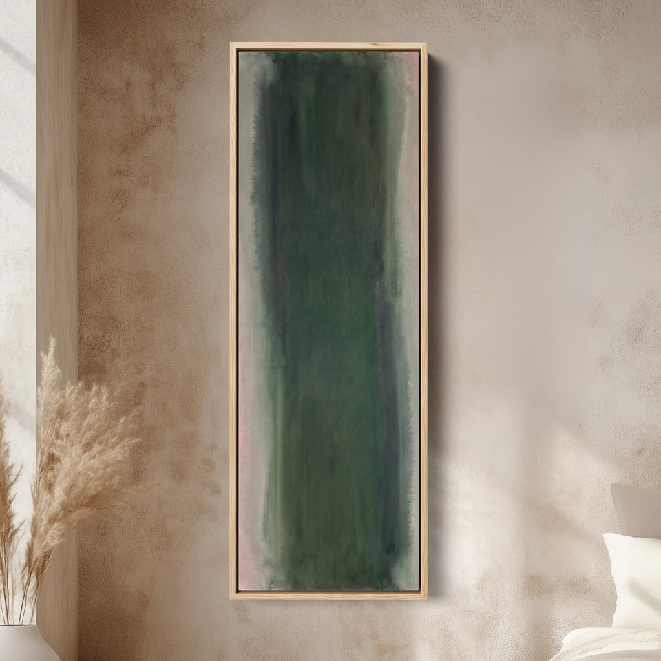 Vertical Wall Art Deep Green Colour Field Abstract for Office canvas in an oak frame, above the bed in a modern bedroom