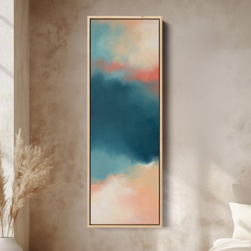 Teal Sky Colour Field Tall Wall Art for Living Room canvas in an oak frame, above the bed in a modern bedroom