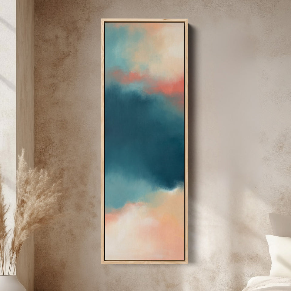 Teal Sky Colour Field Tall Wall Art for Living Room canvas in an oak frame, above the bed in a modern bedroom