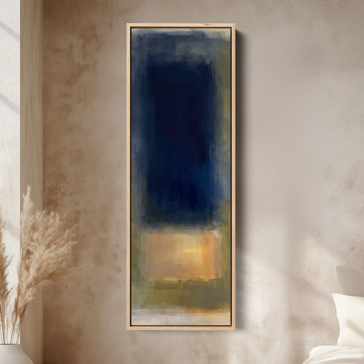 Moody Navy and Gold Colour Field Tall Narrow Wall Art for Office canvas in an oak frame, above the bed in a modern bedroom